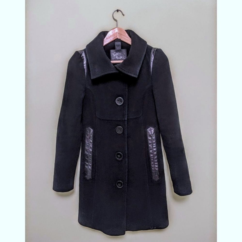 Mackage Black Wool Coat with Leather Details